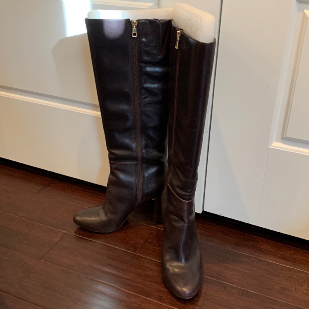 Ann Taylor brown leather stacked heel boots, size 7.5